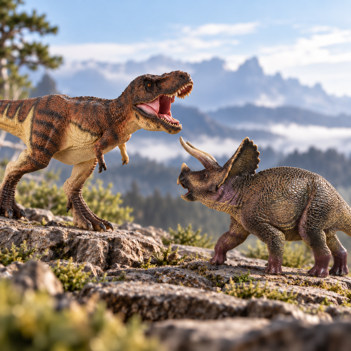 Apex Rivals — Brown Walking T. Rex and Triceratops figures in a rocky mountain scene