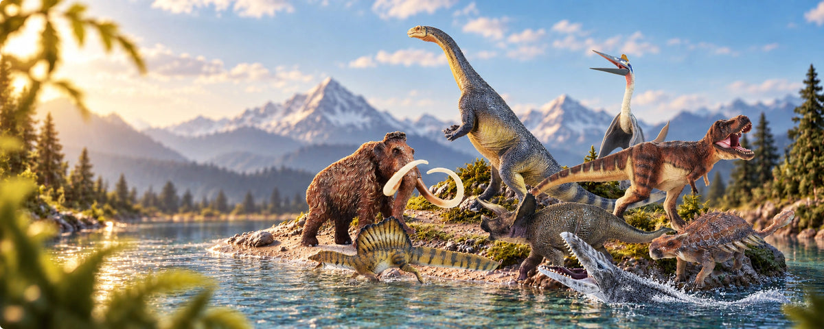 FAUNOV dinosaur and prehistoric animal collectible figures arranged on a miniature island, with a woolly mammoth and a mosasaur emerging from the water.