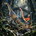 Faunov Dinosaurs of China collector bundle featuring Lufengosaurus and Sinosauropteryx with the original display base and dragonfly in a cool cinematic rainforest scene