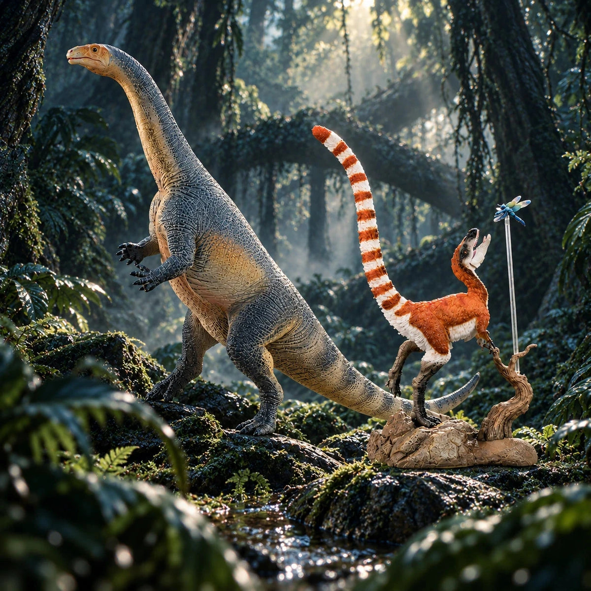 Faunov Dinosaurs of China collector bundle featuring Lufengosaurus and Sinosauropteryx with the original display base and dragonfly in a cool cinematic rainforest scene