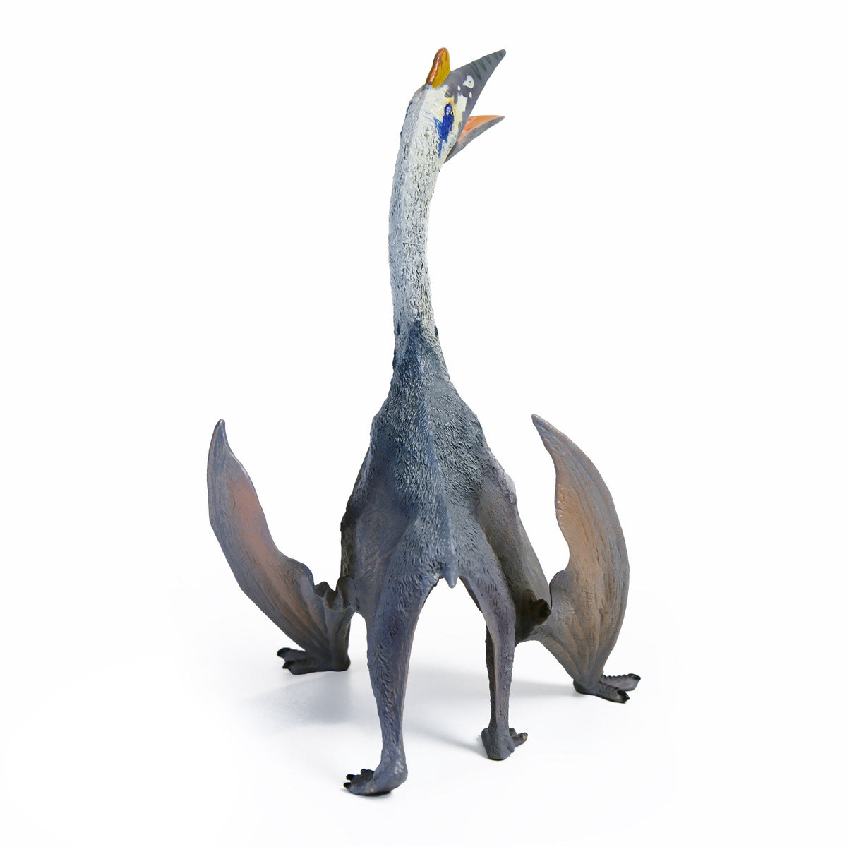 Blue Quetzalcoatlus Figure, rear view on a white background