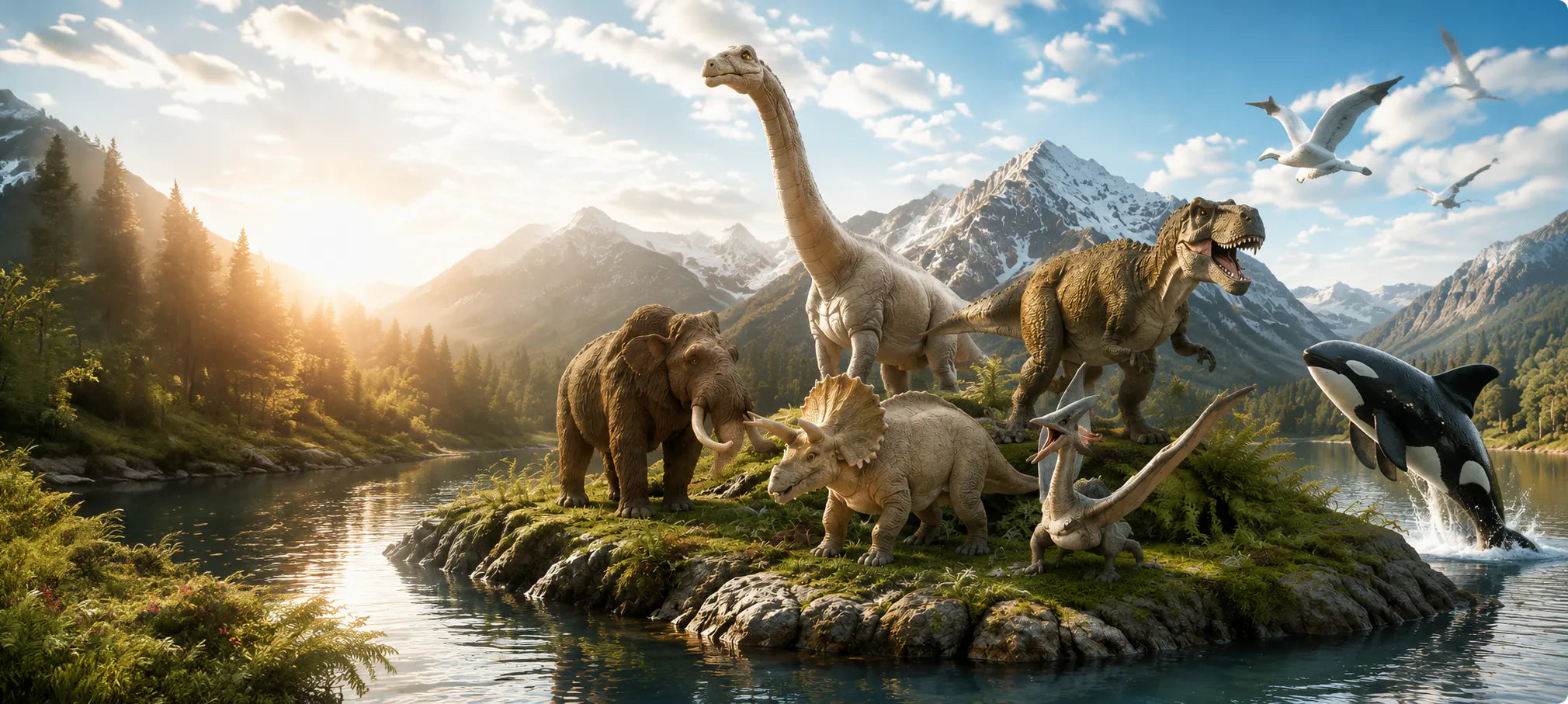 A collection of faunov animal figures in a mountain landscape